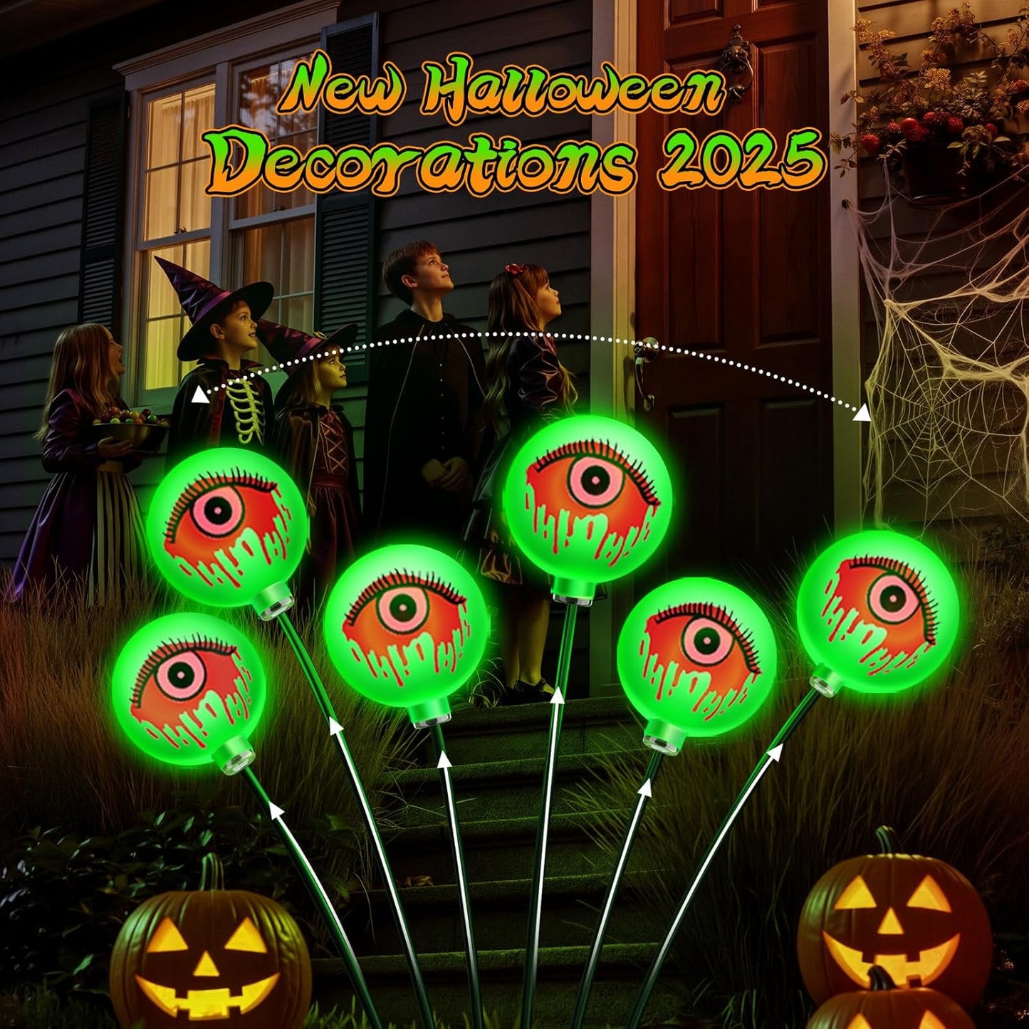 Solar Halloween Eyeball Lights - 6 Pack 36 LED Green Scary Pathway Decor