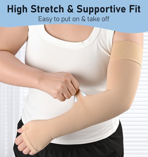 KEKING Lymphedema Medical Compression Arm Sleeve with Gauntlet, 15-20 mmHg Graduated Compression Full Arm Support for Women Men (Single), Long Pressure Arm Hand Brace for Arthritis, Bursitis, Edema