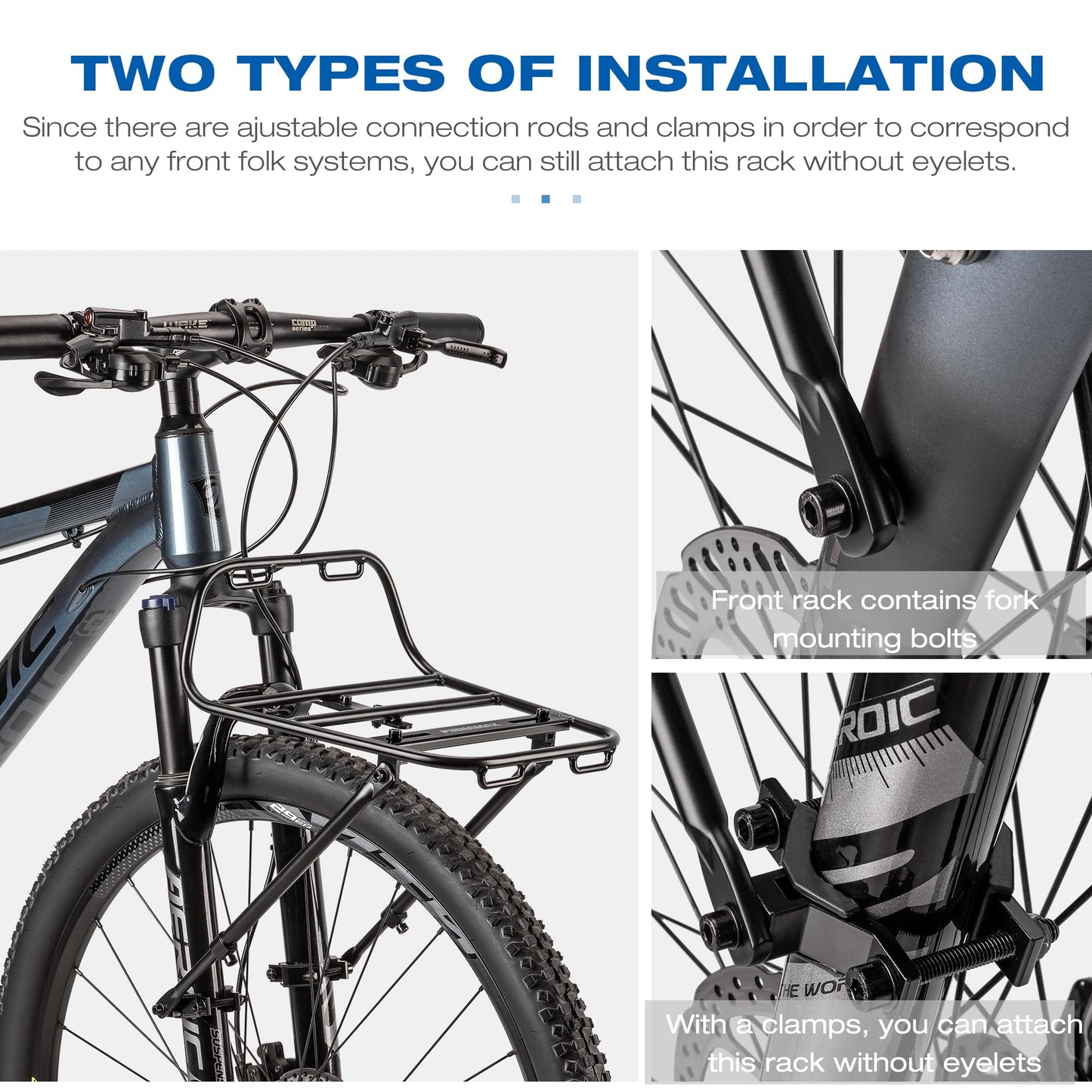 Bike Front Rack - Front Bicycle Cargo Rack with Struts - Front Mount Aluminium Pizza Rack Bike Rack for Mountain, Gravel,Touring Bikes