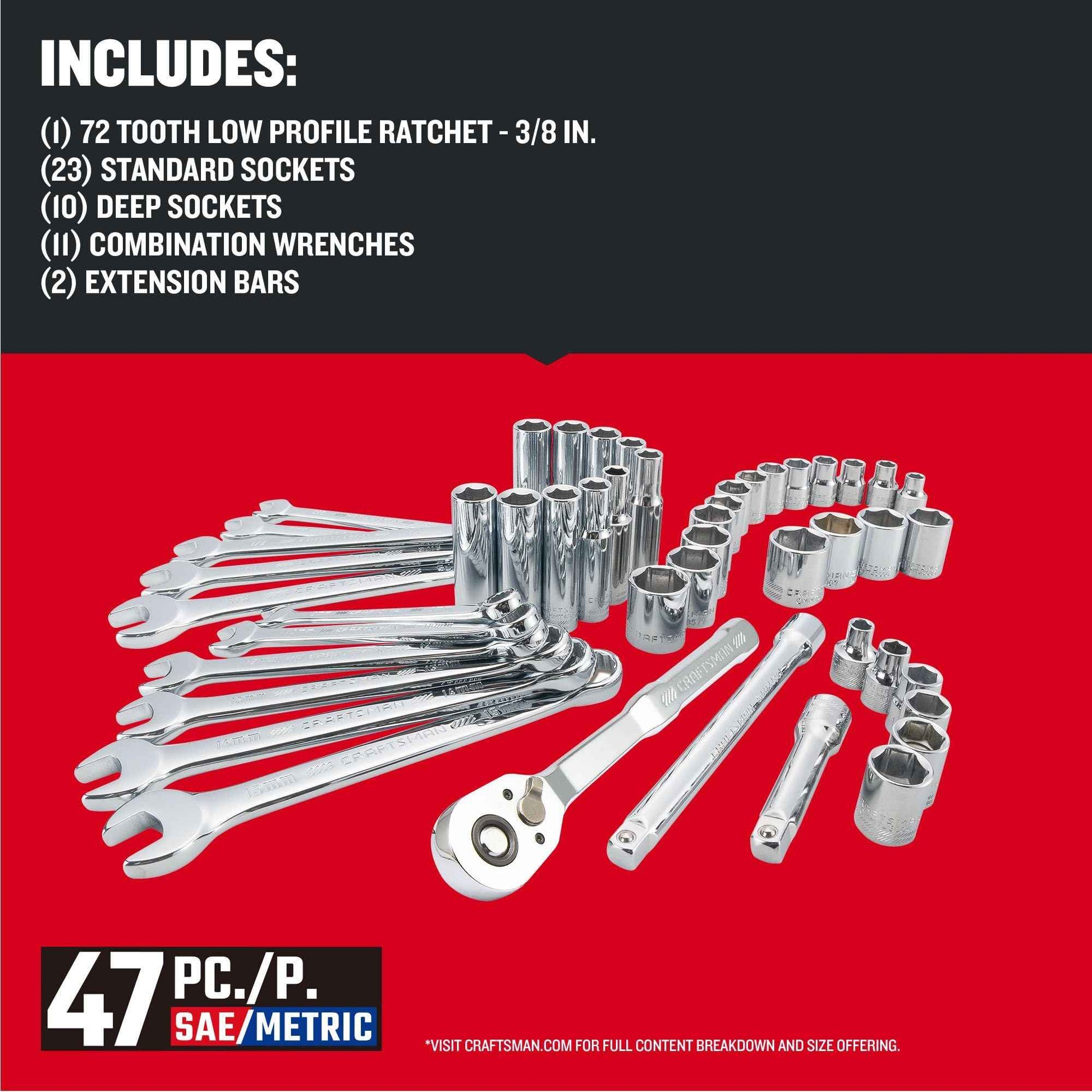 CRAFTSMAN Mobile Mechanics Tool Set, 3/8 Inch Drive, 72 Tooth Ratchet, 47 Piece (CMMT12119)
