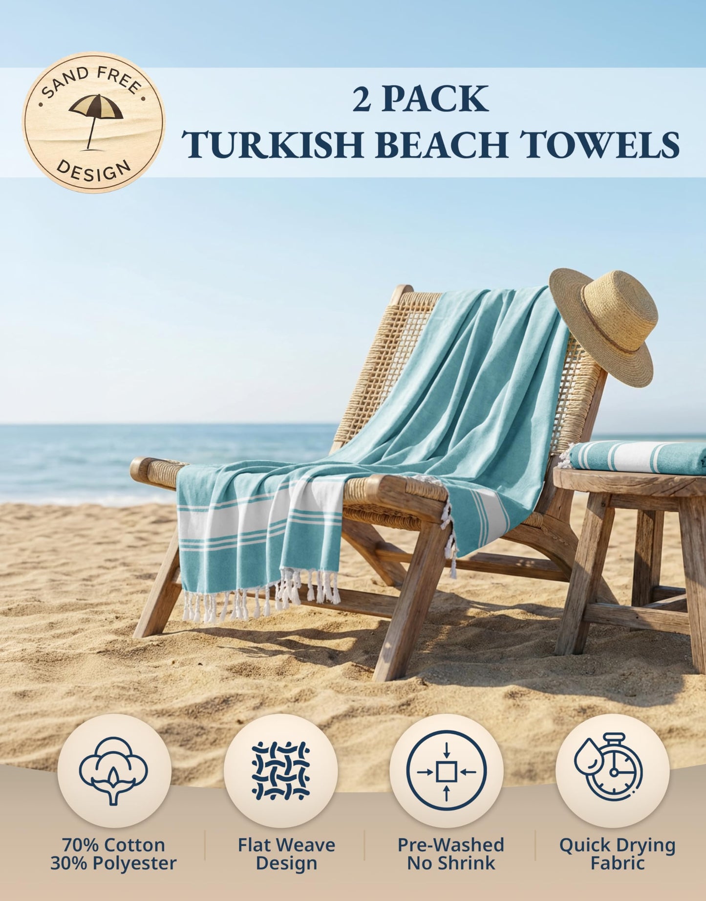 LANE LINEN Beach Towel 2 Pack, Oversized Beach Towel 39"x71", Lightweight Beach Essentials for Women, Large Pool Towel, Absorbent & Quick Dry, Sand Free Beach Towel - Aqua