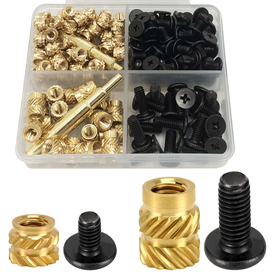 QSJ 200Pcs Threaded Insert Bolt Assortment kit 100Pcs M3 M4 Brass Heat Set Insert, 100Pcs M3 M4 Stainless Steel Black Bolt for Industrial 3D Printing Projects