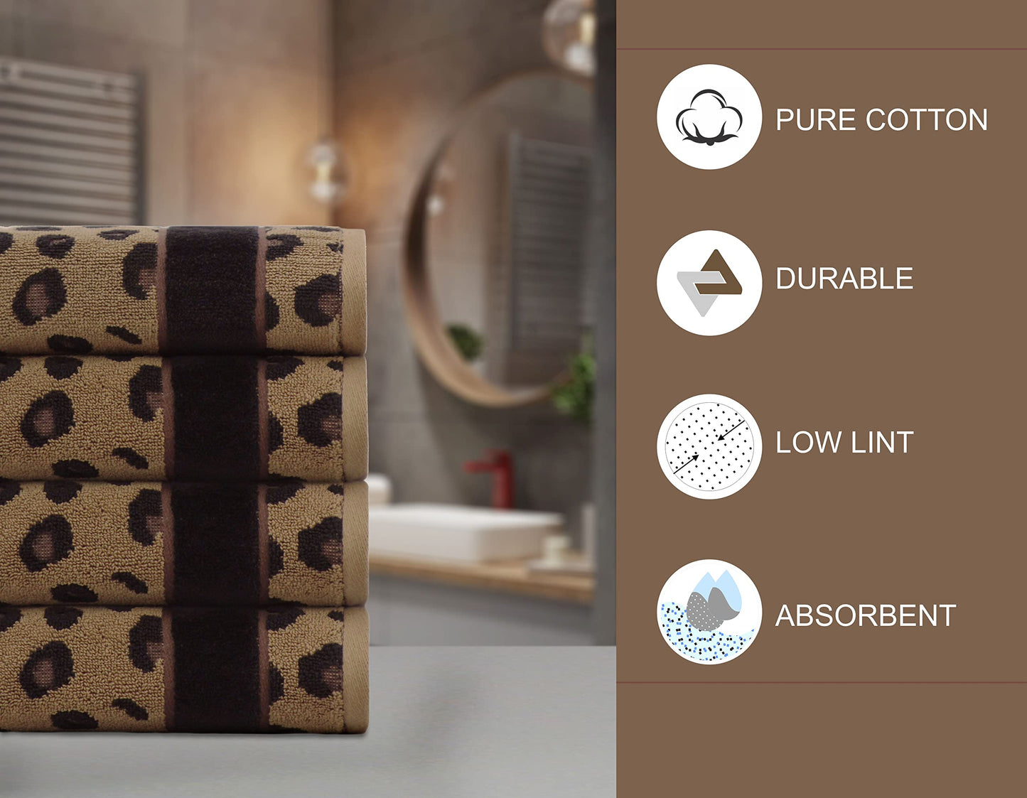COTTON CRAFT Hand Towels - Set of 4 Animal Print Cheetah Leopard Africa Safari Decorative Hand Towel - 100% Cotton Jacquard Luxury Guest Towel - Soft Quick Dry Absorbent Bathroom Face Towel - 16 x 28