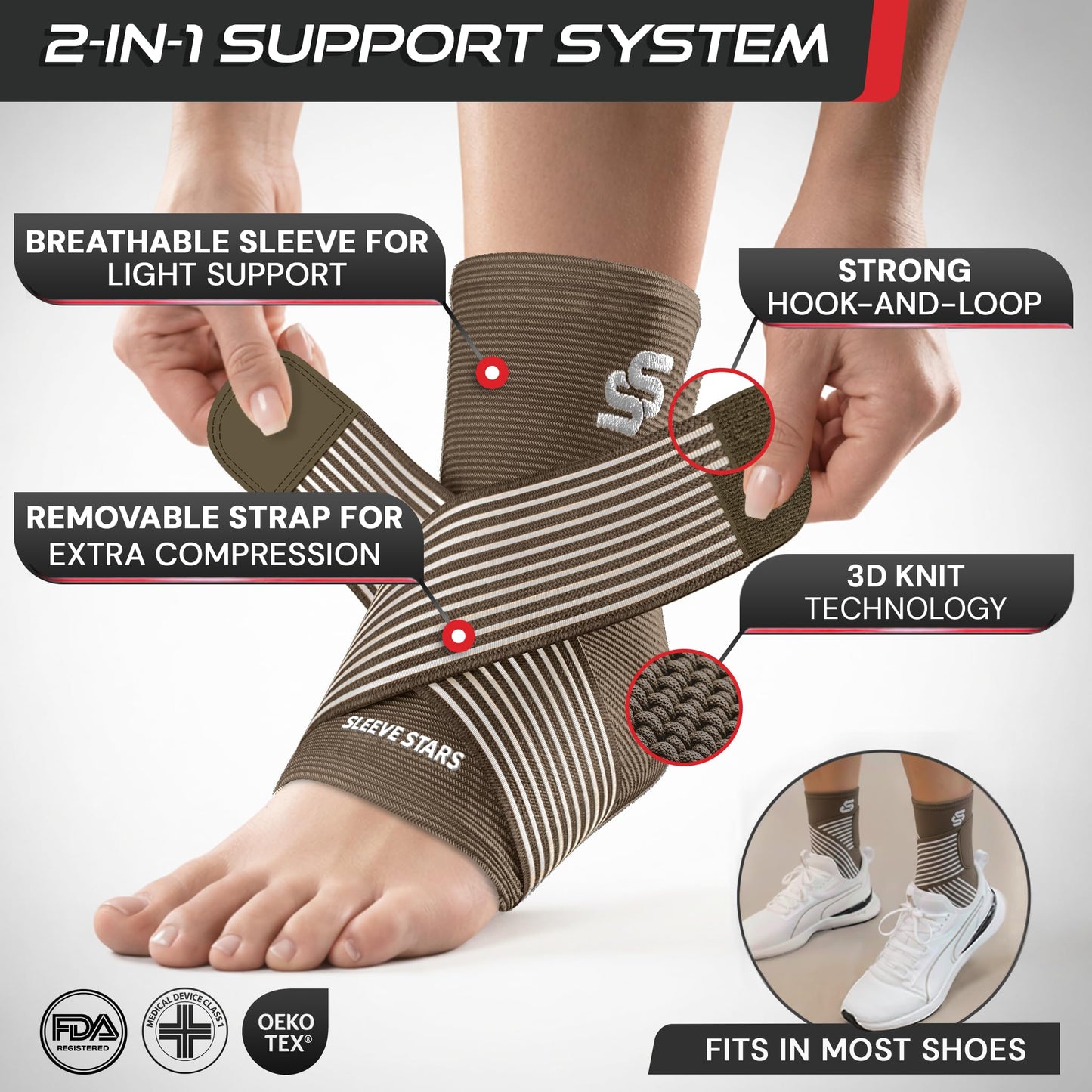 Sleeve Stars Ankle Brace for Women & Men, Ankle Wrap for Sprain, Compression Sleeve for Plantar Fasciitis Relief, Easy Customizable Support: w/ Removable Strap (Pair/M:10"-12"/Mocha Brown)