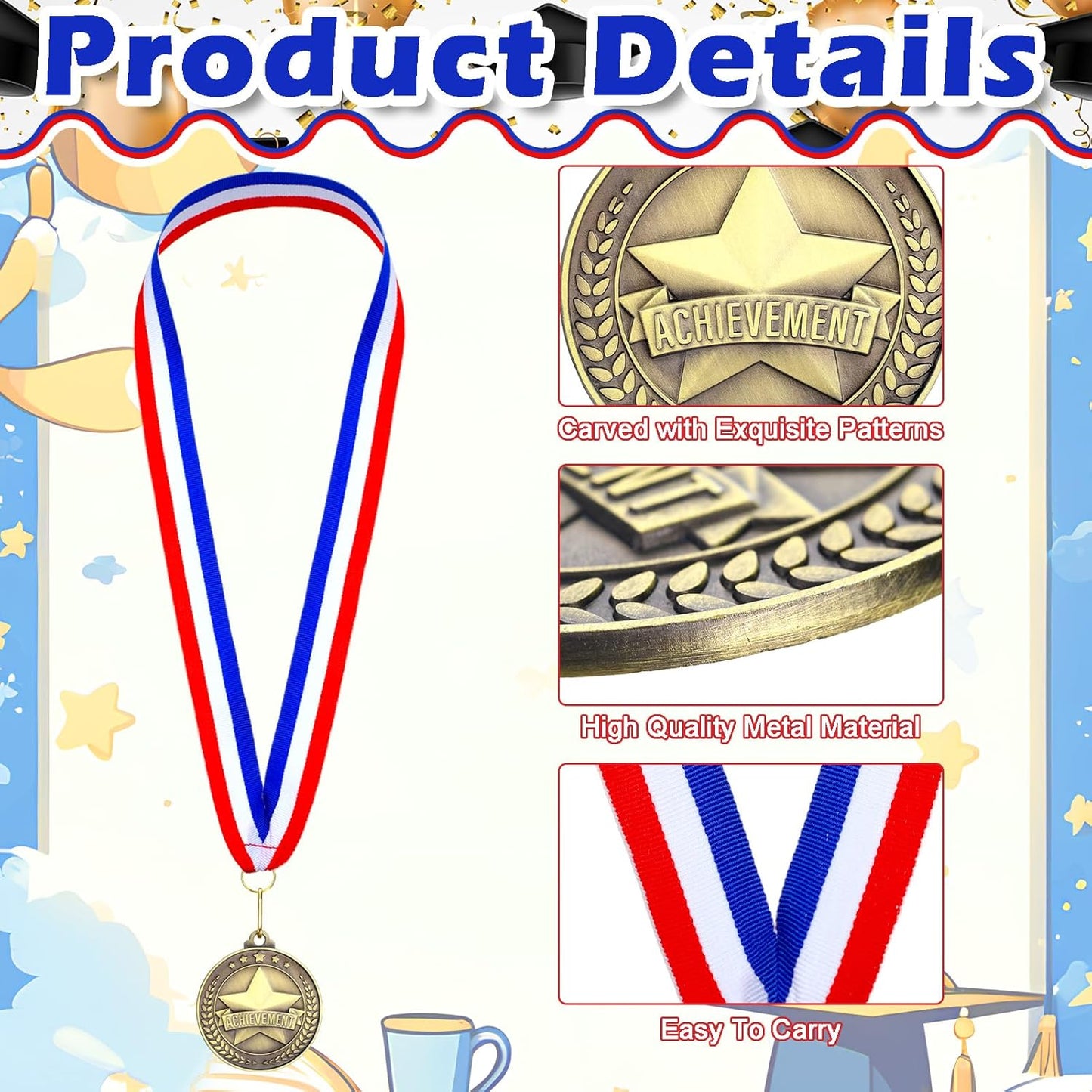 Quelay 20 Pcs Gold Award Medals - 2'' Winner Medals with Neck Ribbons for Competitions & Events
