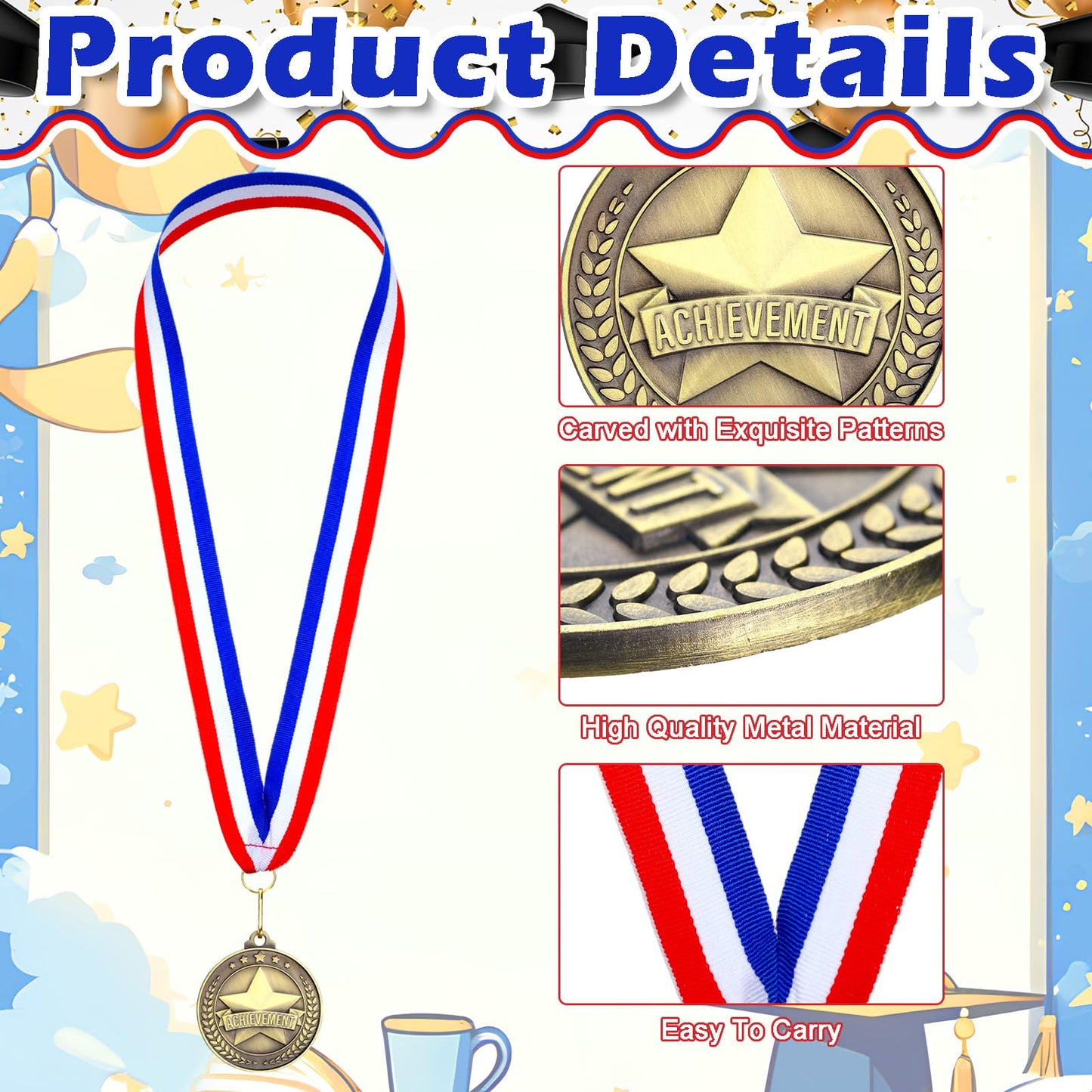 Quelay 20 Pcs 2'' Awards Medals with Neck Ribbons Winner Gold Medals Bulk Metal Trophy Award Prize Gift for Competitions School Education Tournaments Party Favor(Achievement)