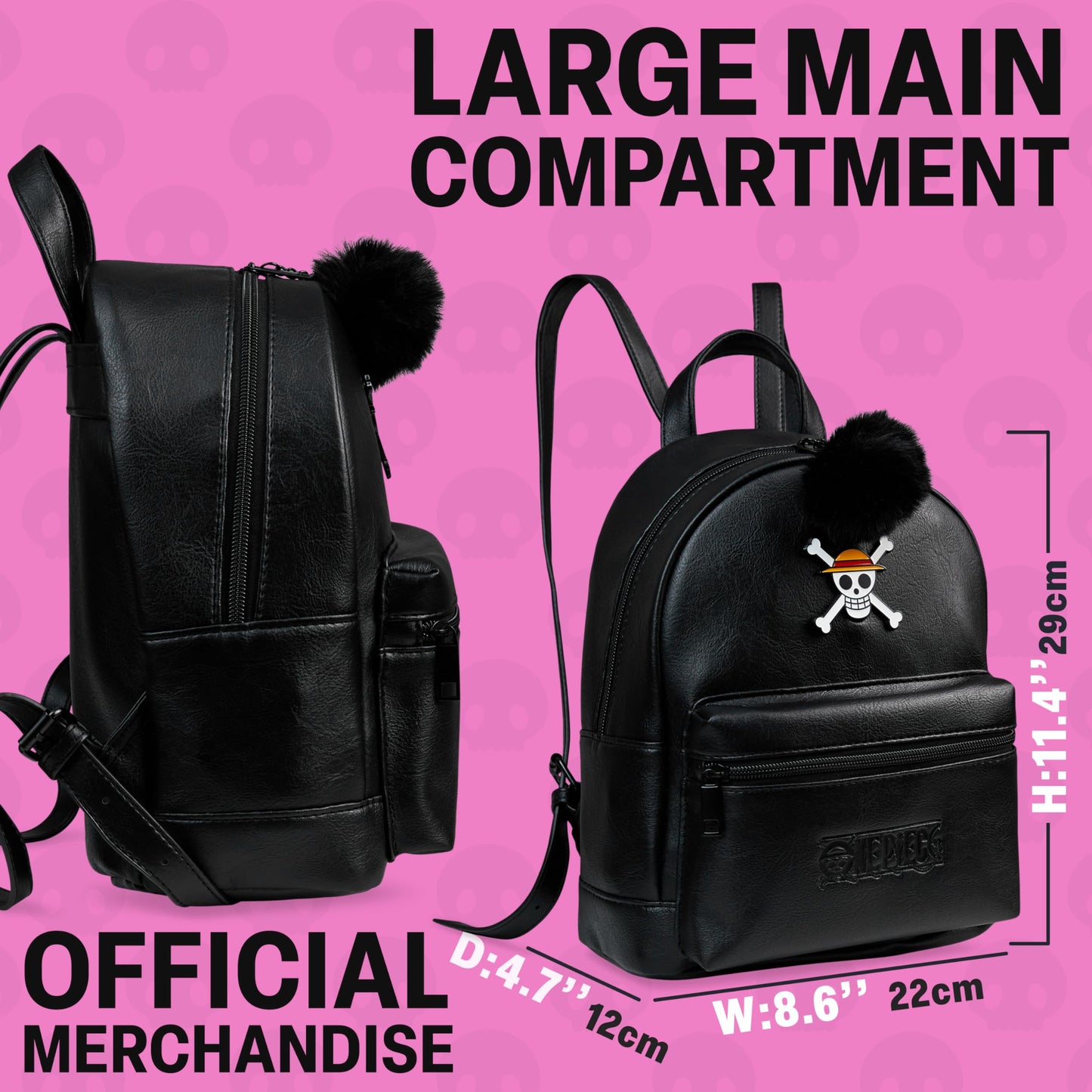 One Piece Mini Backpack for Women Teens Faux Leather Daypack, Small Rucksack, Anime Shoulder Bag with Pom Pom, Travel Gifts for Women