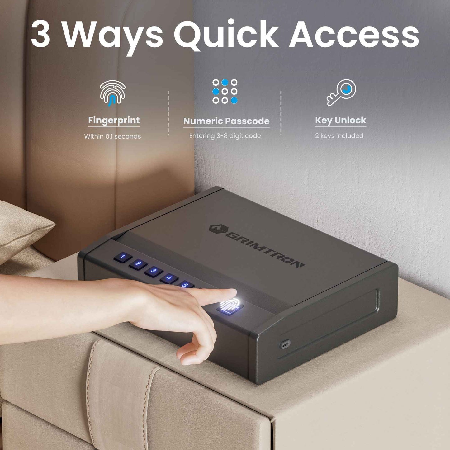 Grimtron Biometric Gun Safe for Handgun – Quick Access Pistol Safe with 100 Fingerprints, Backlit Keypad & Backup Keys – Gun Lock Box for Nightstand, Bedside, Car, Truck & Vehicle Use