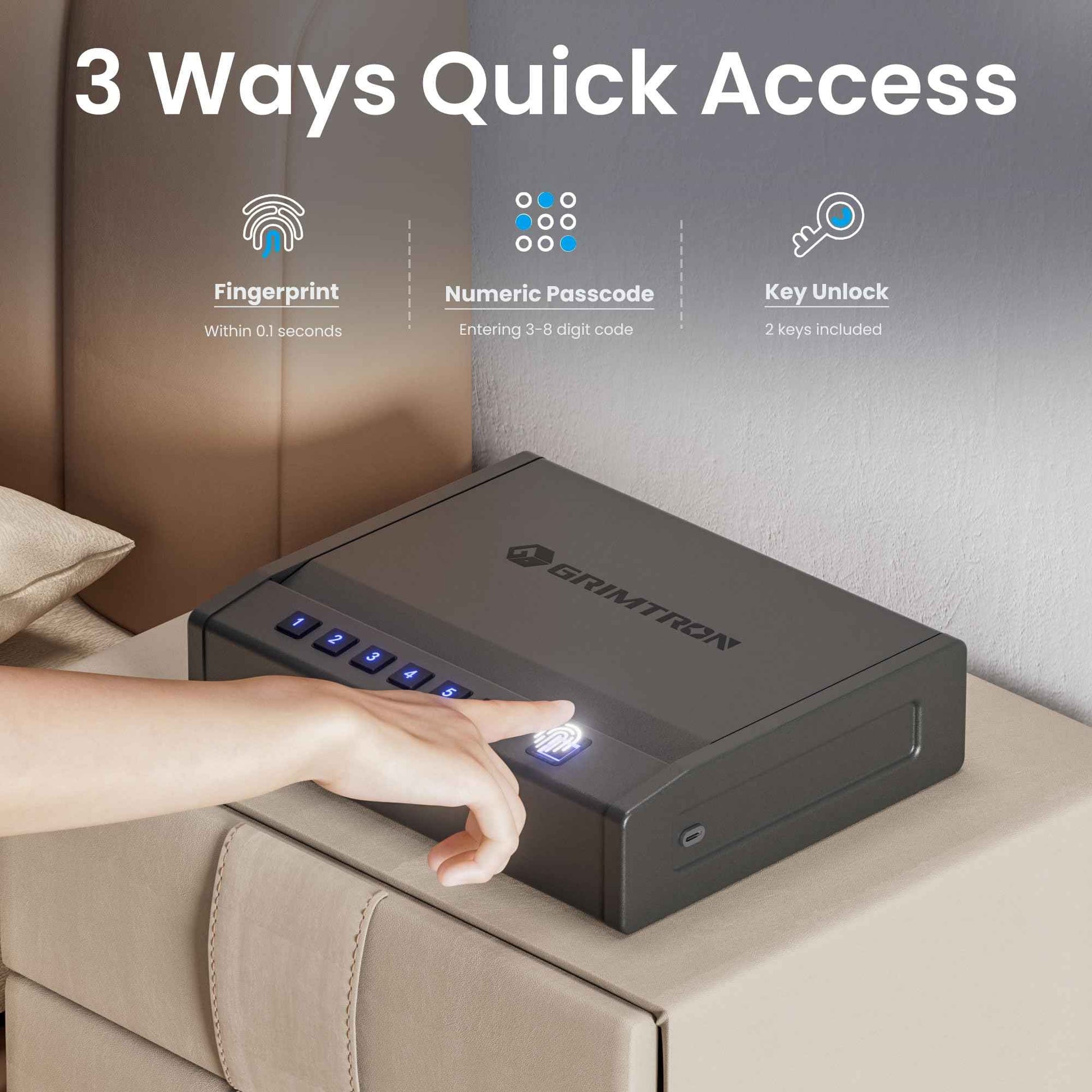 Grimtron Biometric Gun Safe for Handgun – Quick Access Pistol Safe with 100 Fingerprints, Backlit Keypad & Backup Keys – Gun Lock Box for Nightstand, Bedside, Car, Truck & Vehicle Use