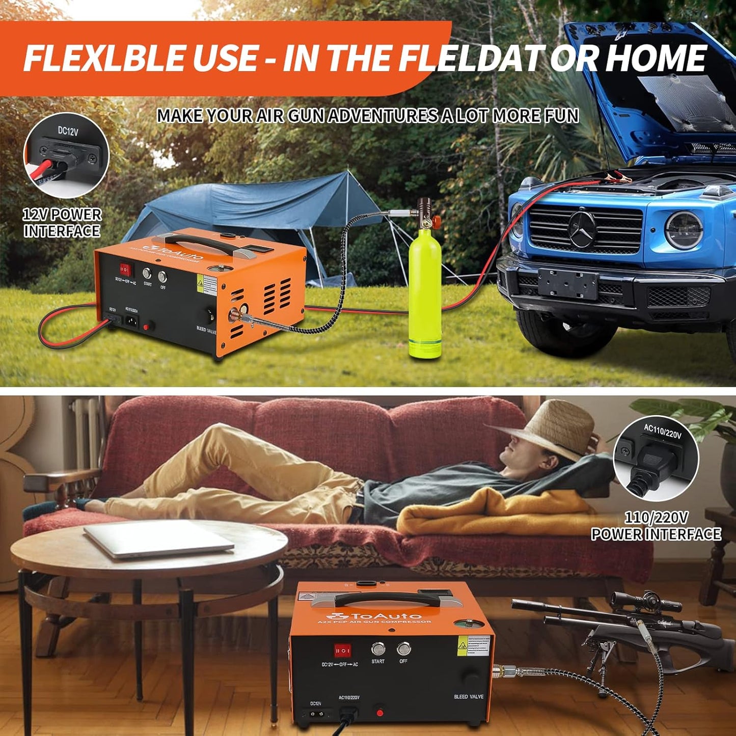 TOAUTO A2X PCP Air Compressor - Portable 4500Psi, One Button Start, Oil/Water-Free for Paintball & Scuba