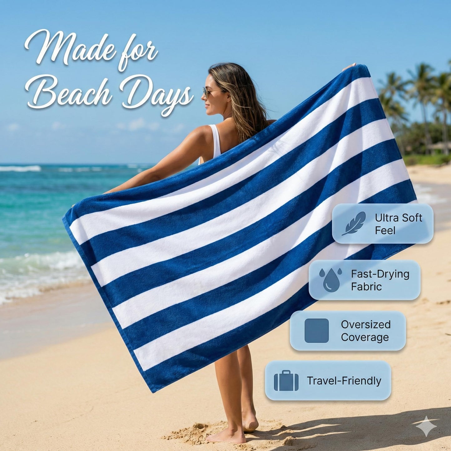 9Threads Velour Cabana Beach Towel 4 Pack, 30” x 60” Soft Plush Cotton Pool Towel, Absorbent Quick Dry Travel Towel for Beach, Pool, Spa (Classic Navy)