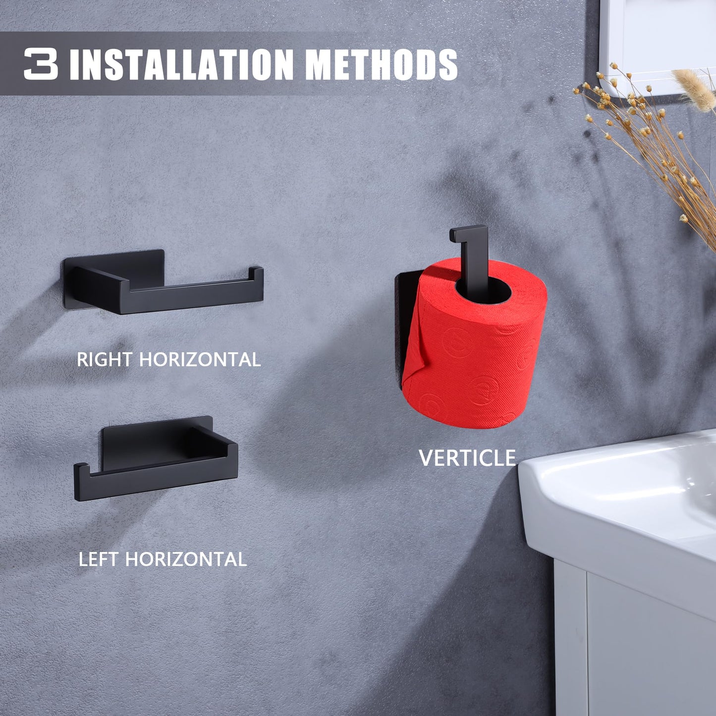 LANC Self-Adhesive Toilet Paper Holder, Matte Black Toilet Tissue Holder Wall Mounted for Bathroom Kitchen Stick On Paper Roll Holder with No Drilling Rustproof Stainless Steel, A8307MB