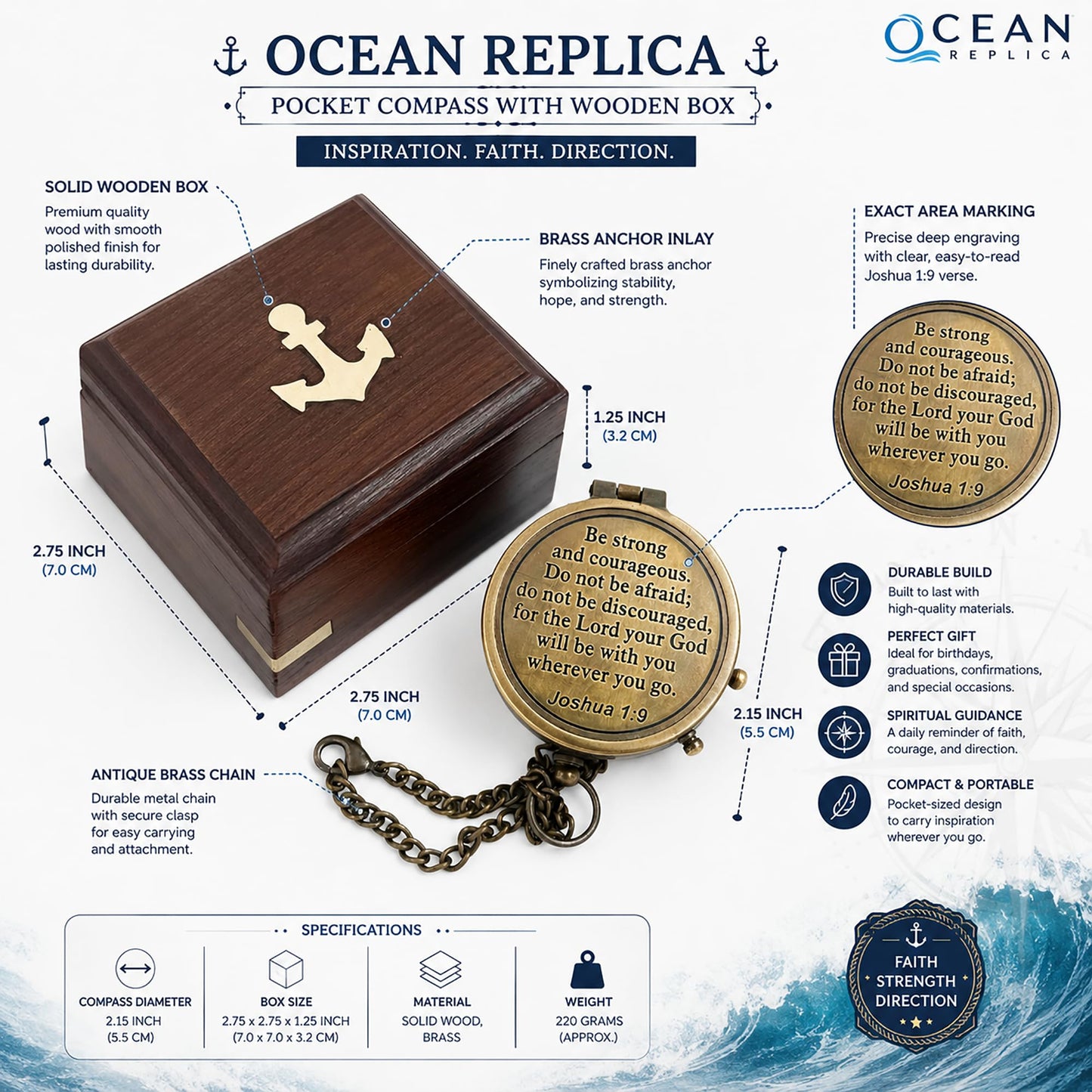 Be Strong and Courageous Compass – Antique Nautical Magnetic Compass with Engraved Scripture Quote – Baptism Gift with Wooden Box for Son, Father, Husband, Loved One