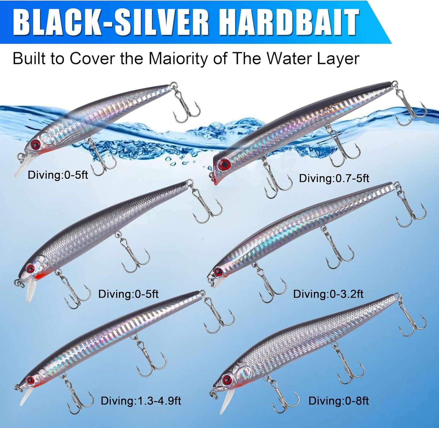 Skiennix Saltwater Fishing Lures Kit - 6pcs Surf Striper Minnow Jerkbait & Crankbait Plugs for Deep Sea Fishing
