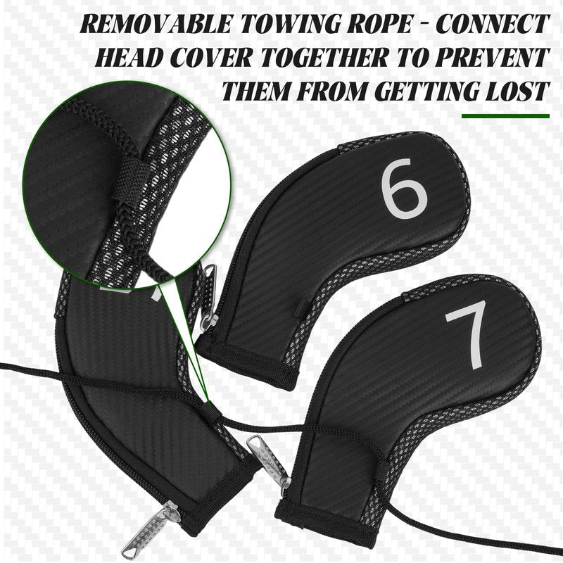Craftsman Golf 10pcs/Set Golf Iron Club Head Covers Headcovers Set White Large No. on Both Sides Zipper Meshy & PU Leather for Right and Left Golfer