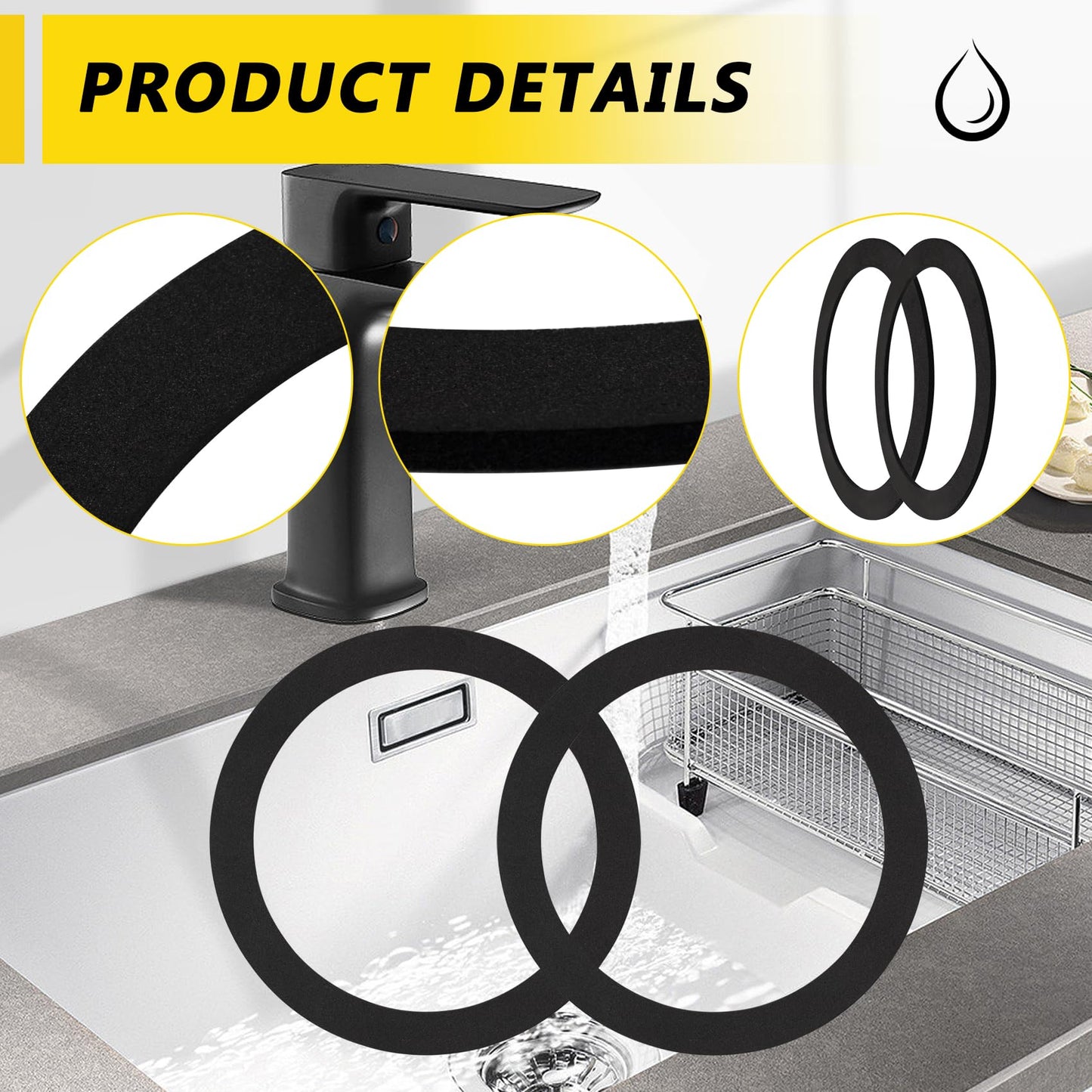 GIDDS-710001 plumbers putty for sink drain,No Putty Sink Gasket 3-3/8", Fits all standard drain attachments,kitchen sink drain gasket seal (2pack）