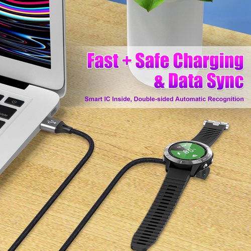 AGVEE 2 Pack 6.6ft Charger for Garmin Watch, L-Shape Charging Cable for Fenix, Forerunner, Vivoactive, Instinct, Venu, Tactix, Approach, D2, Quatix Series, Right Angle Braided, Dark Gray