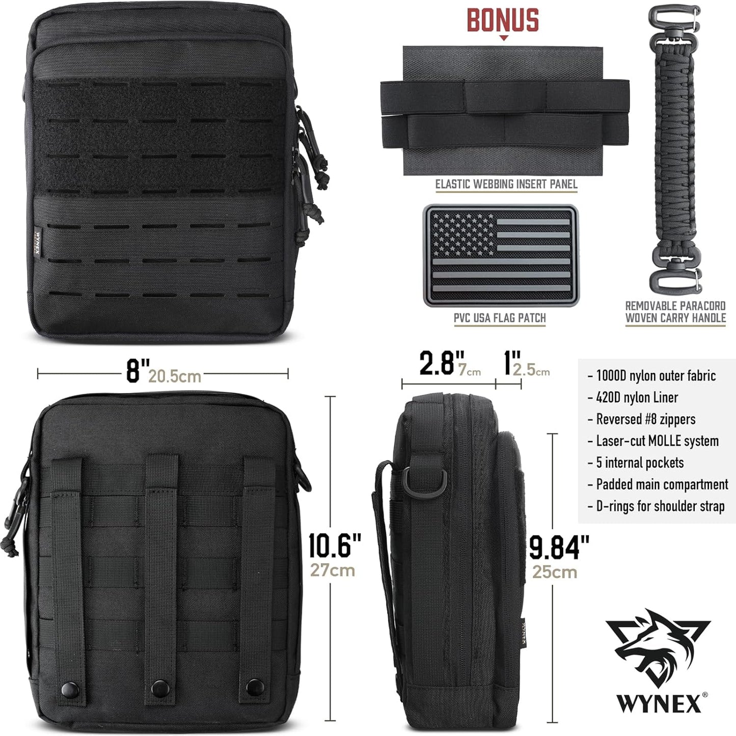 WYNEX Tactical Molle Admin Pouch - Large Capacity EDC Organizer with Double Layer Design & Elastic Webbing