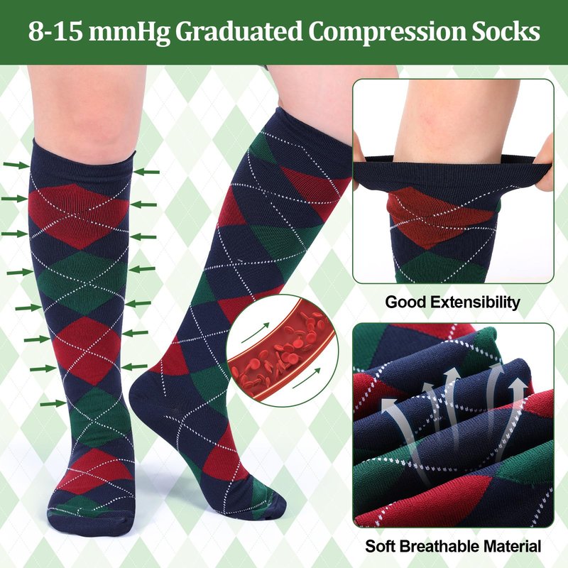 Shyyween 12 Pairs Men Dress Compression Socks Men's Knee Long Light Socks 8-15 mmHg Graduated Support(L-xl,Colorful Argyle)