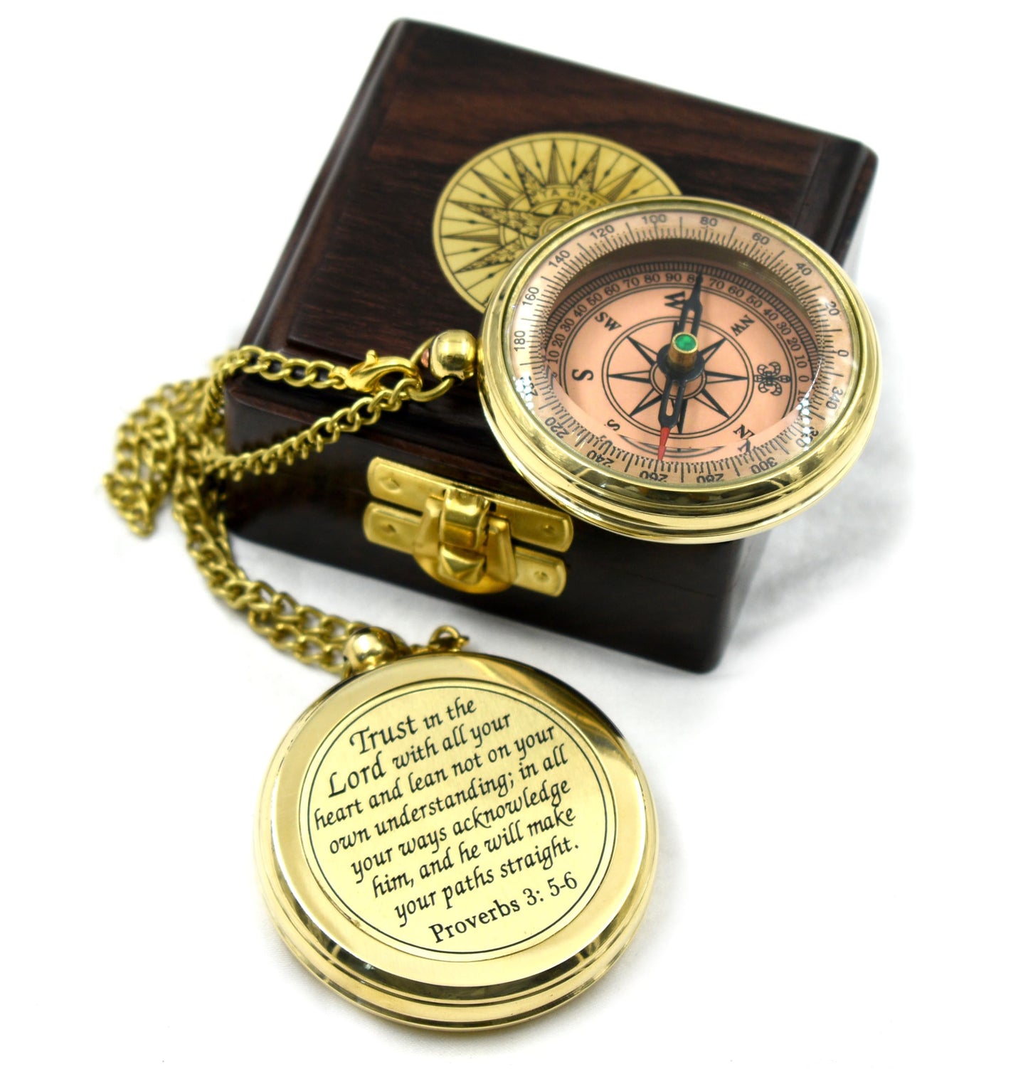 Trust in The Lord with All Your Heart -Proverbs 3: 5-6 Quote Engraved Compass with Wooden Box, Greeting Card, Compass Gift, Graduation Day Gifts 2026 for Women Mens Boy Girls