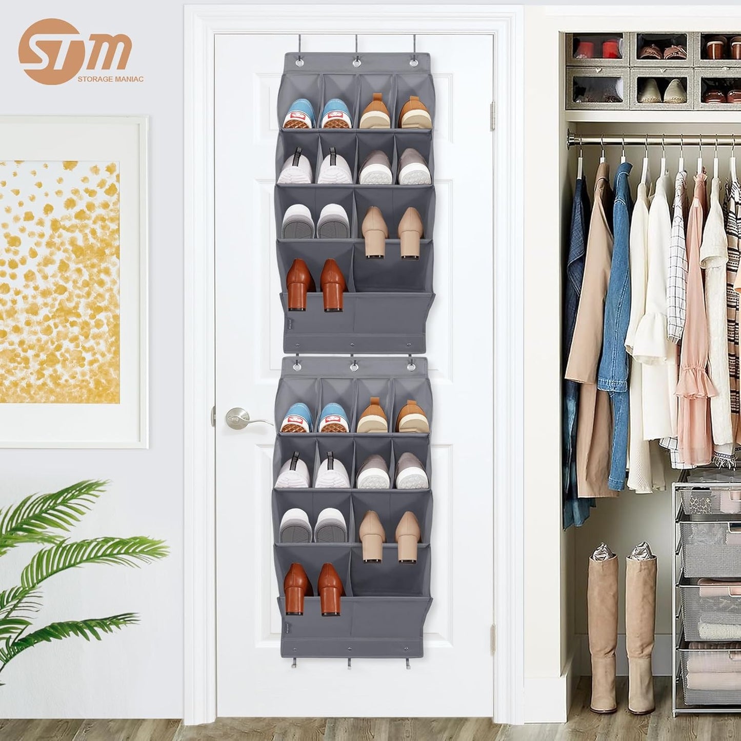 Storage Maniac Over Door Shoe Organizers - 2 Pack with 12 Large Pockets for Efficient Closet Storage | Grey