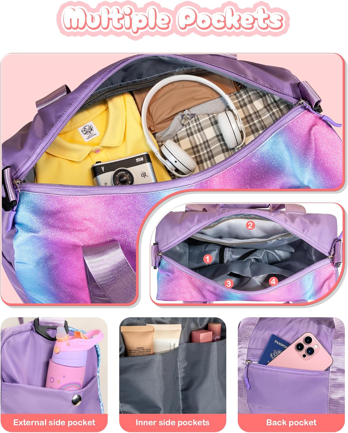 Skiennix Teen Girl Gym Bag - Personalized Weekender Ballet Tote with Shoe Compartment & Makeup Pouch | Gift for Ages 7-12 (Letter S)