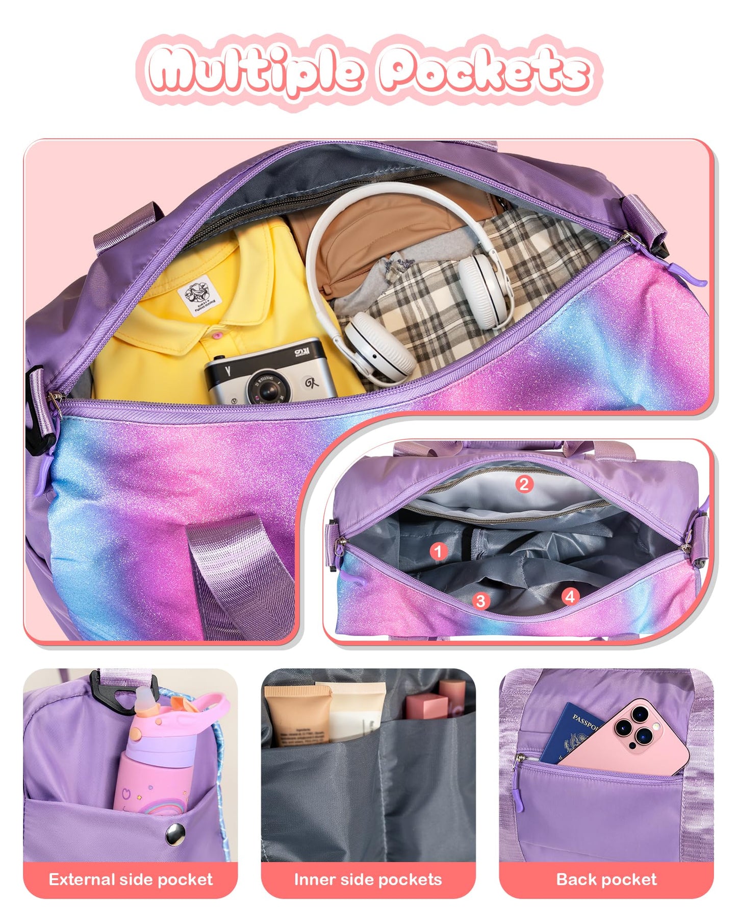 Vogewood Girls Cheer Up Gifts-Girl Gym Bag with Shoe Compartment, Kid Personalized Weekender Ballet Bags, Initial Travel Tote with Makeup Pouch, Dance Gift for Niece Kids Daughter (Letter K)