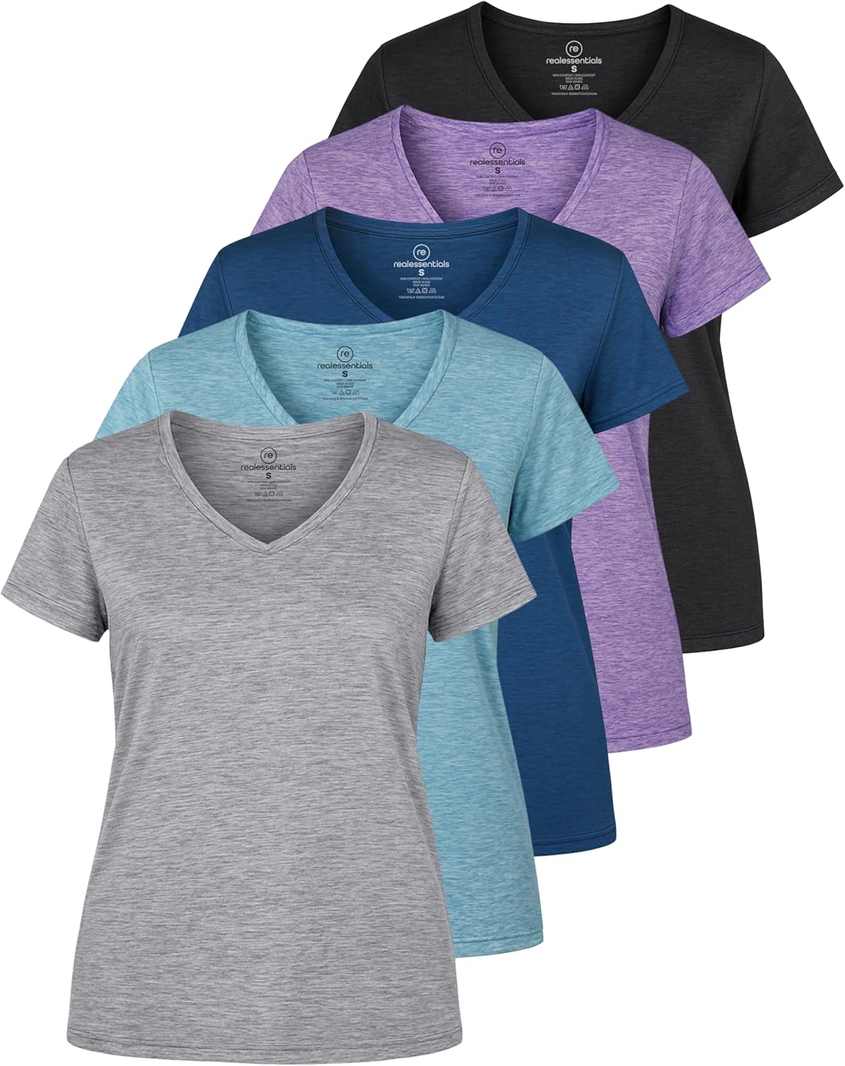 Real Essentials Women's Dry-Fit V-Neck T-Shirt - 5 Pack Workout & Yoga Tops | Plus Size Available