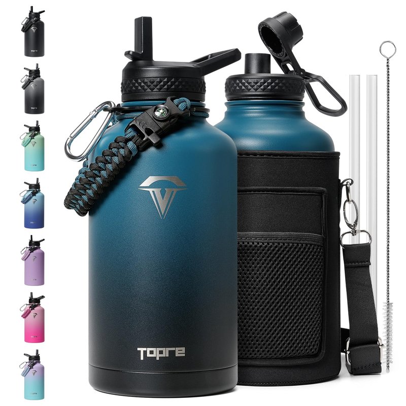 Topre 64 oz Insulated Water Bottle,Half Gallon Water Flask Stainless Steel Vacuum, Cold for 48 Hrs,BPA-Free & Leakproof -with Paracord Handle, Strap,Straw Spout Lids,Large Jug for Gym,Indigo Black