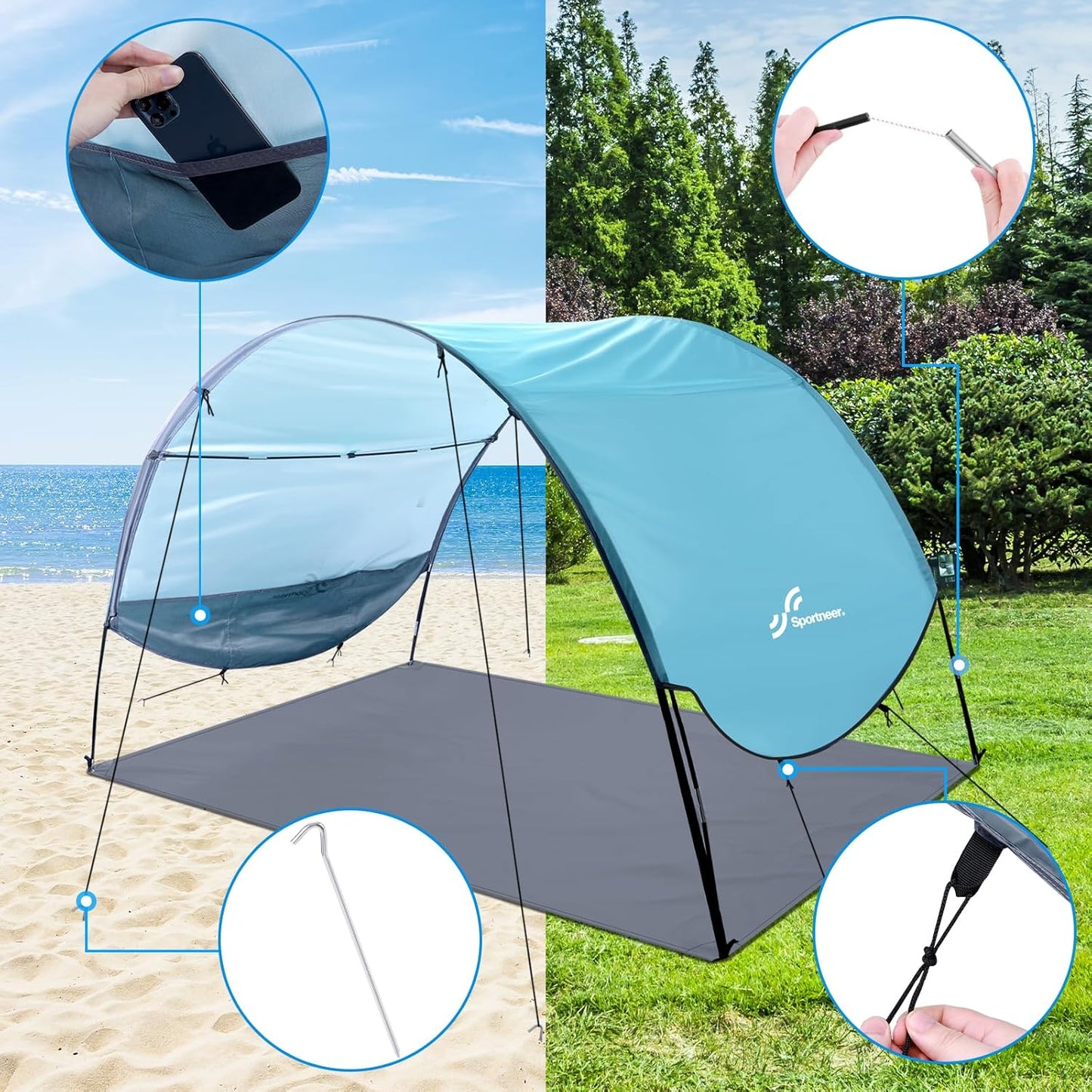 Sportneer Beach Tent - UPF 50+ UV Protection Canopy for 2-3 People | Easy Setup, 96.5''x55.7'' Size
