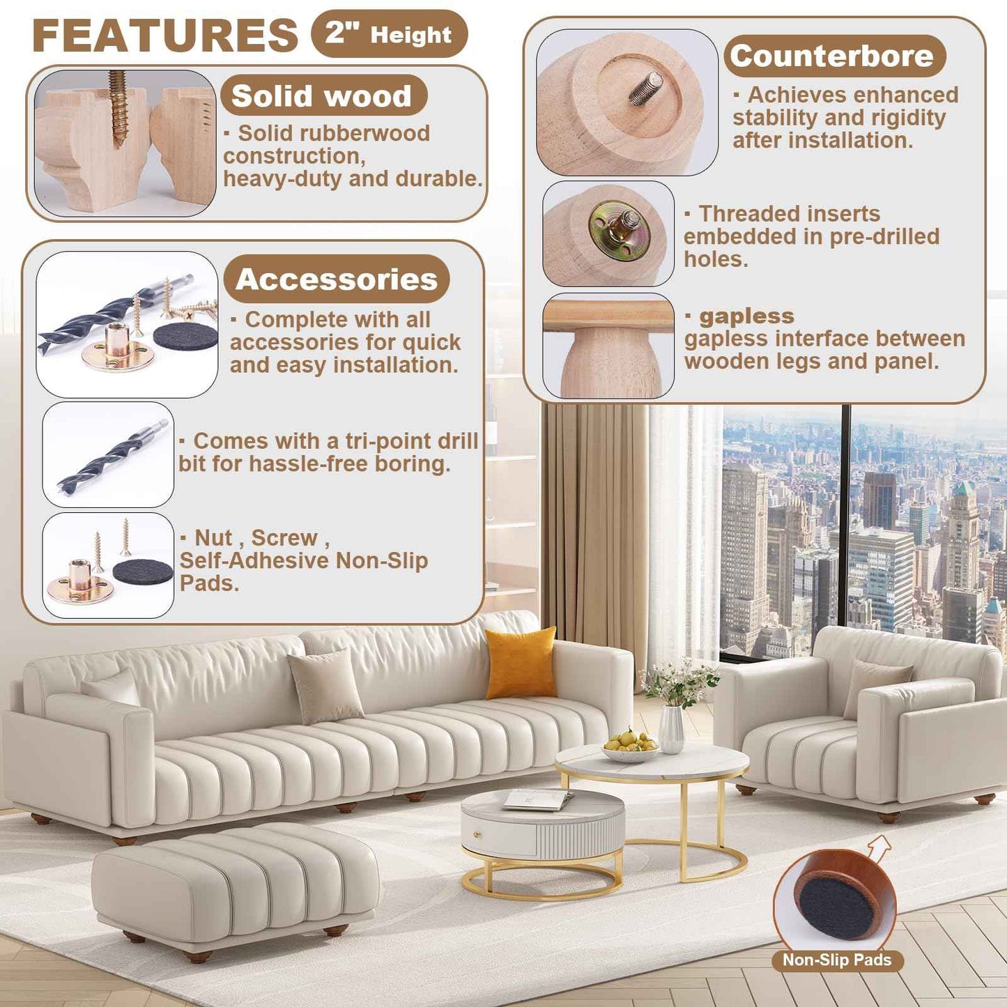 Xlroaafs 2 Inch Short Wood Legs for Furniture Set of 4,Wooden Furniture Couch & Sofa & Bench Legs Replacement Bed Support Frame Foot(Walnut Color)