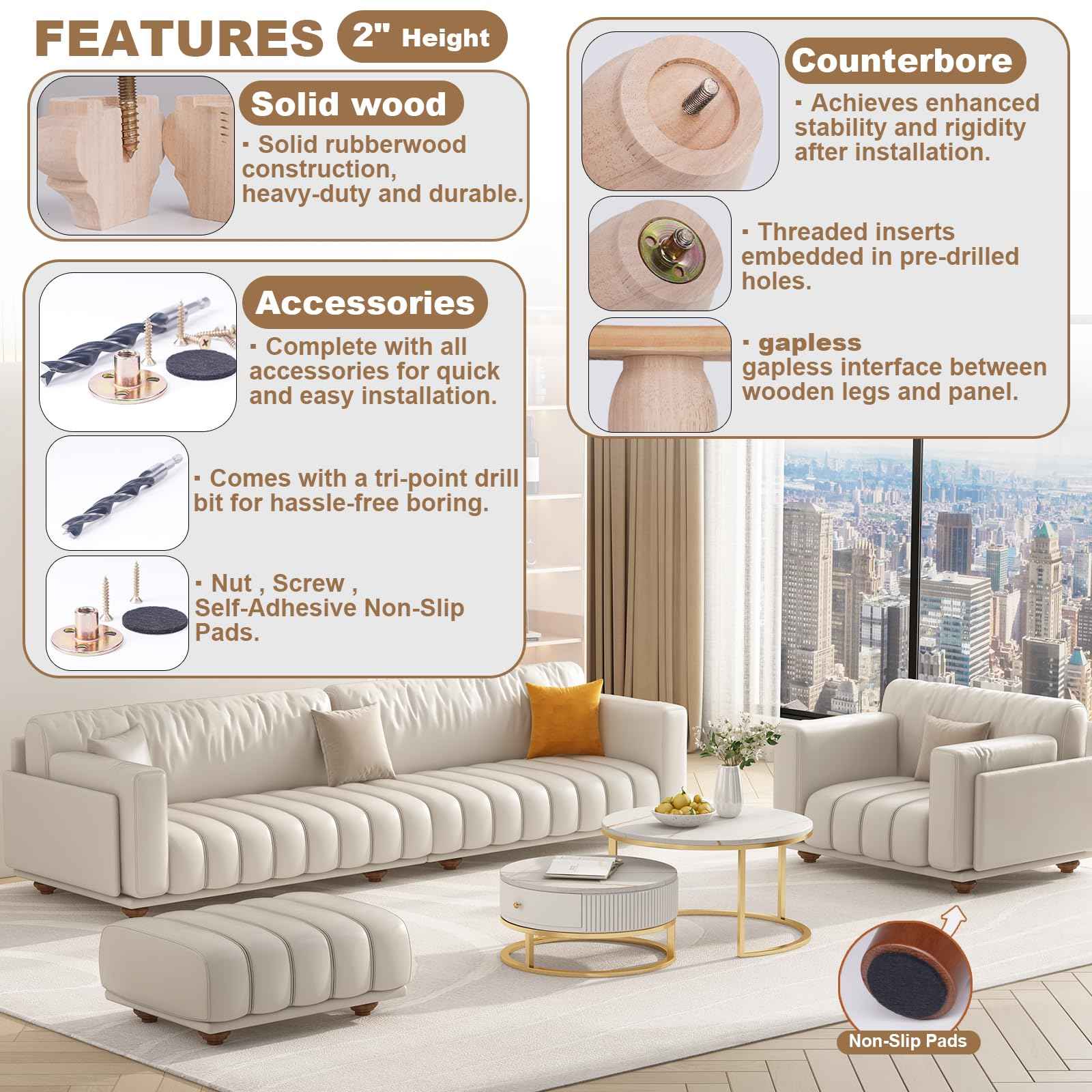 Xlroaafs 2 Inch Short Wood Legs for Furniture Set of 4,Wooden Furniture Couch & Sofa & Bench Legs Replacement Bed Support Frame Foot(Walnut Color)