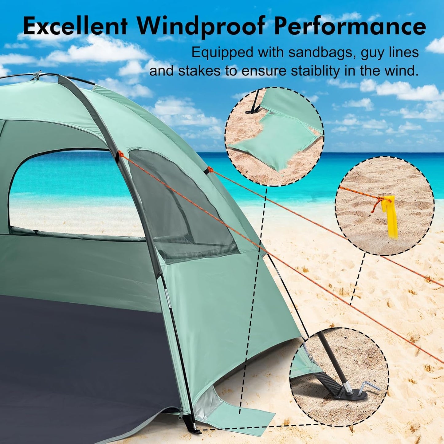 WhiteFang Beach Tent - Anti-UV Portable Sun Shade Shelter for 3-8 People | Extendable Floor & Ventilating Mesh Windows