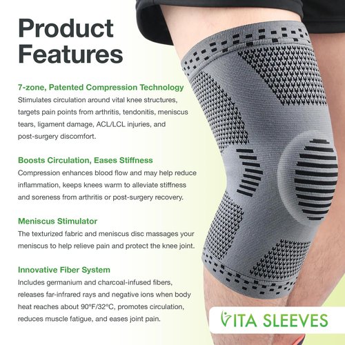 FREEZE2TRIM Vita Sleeves Knees 7-Zone Compression Sleeve Brace | Breathable Lightweight Support Sore Stiff Knee in Running, Sports, Workouts | Anti-Slip Grip, Moisture-Wicking (S/M-L/XL) (Large/X-Large)