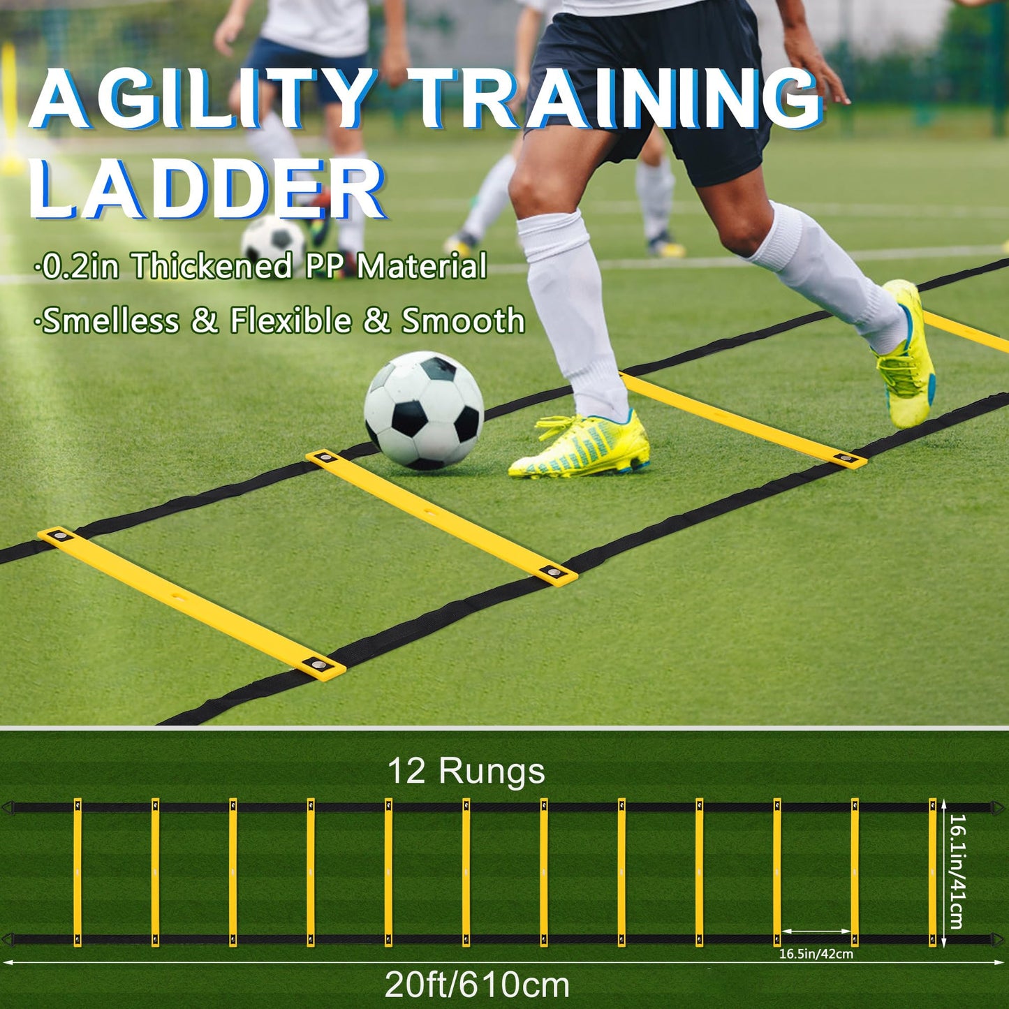 Camkinger 20ft 12-Rung Agility Ladder, No-Tangle Speed Training for Soccer