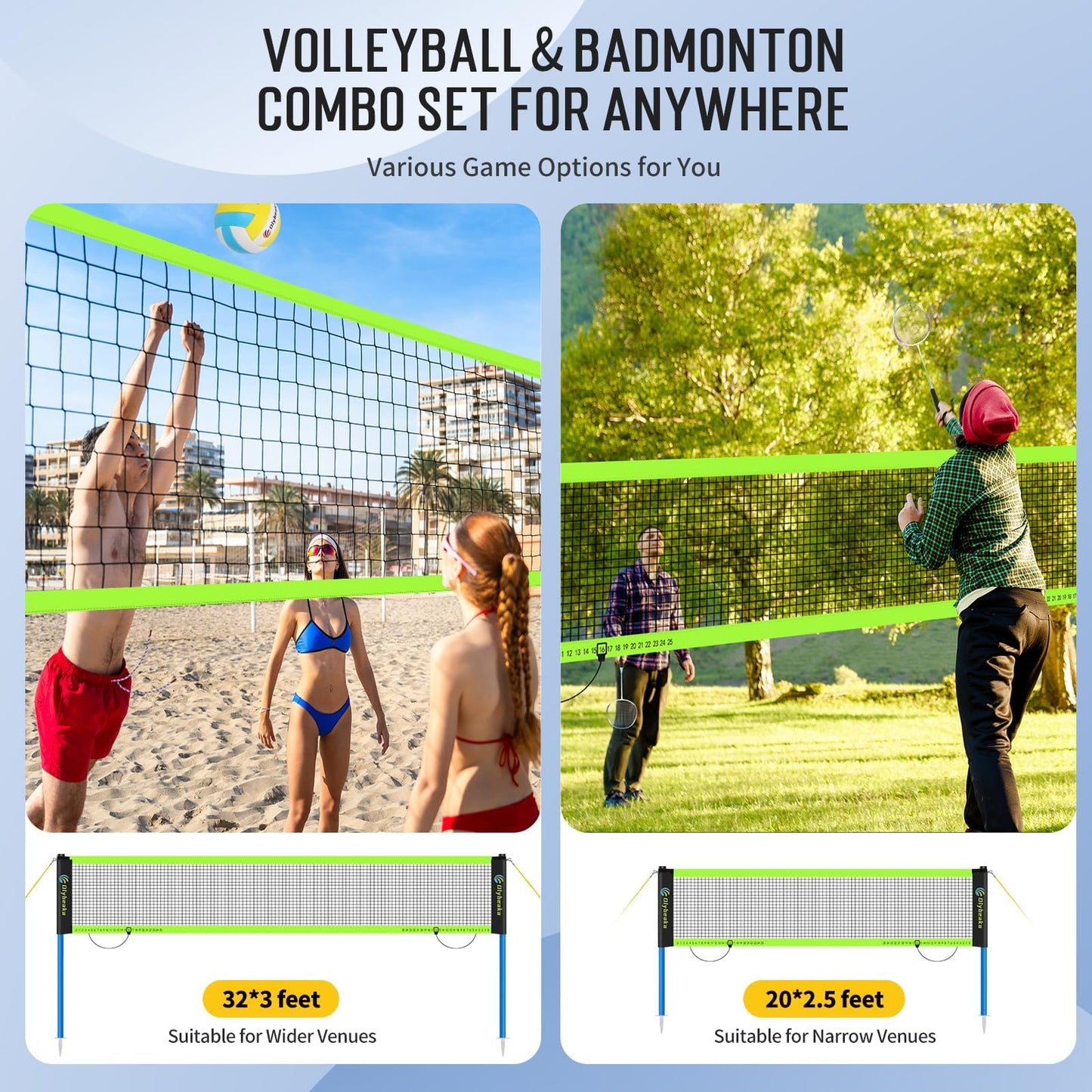 Portable Volleyball & Badminton Combo Net Set for Backyard Beach with 2 Nets (20ft and 32ft), Adjustable Poles, PU Volleyball, Aluminum Rackets and Carry Bag, Quick Setup & Durable (Black)