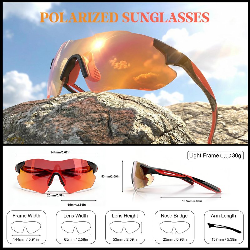Polarized Sports Sunglasses for Men and Women, polarized glasses featuring high-definition polarized lenses with UV protection Sports sunglasses are ideal for cycling running golf driving,Red