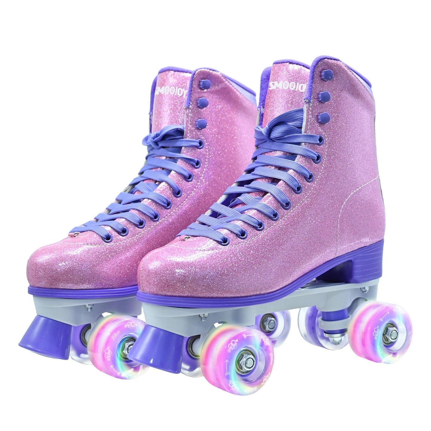 SMOOJOY Roller Skates for Women Girls High Top PU Adult Derby Quad Purple Red Skates Shoes Outdoor Shiny Double-Row Four Wheels Light Up Leather Rollerskates for Ages 8-50 Indoor