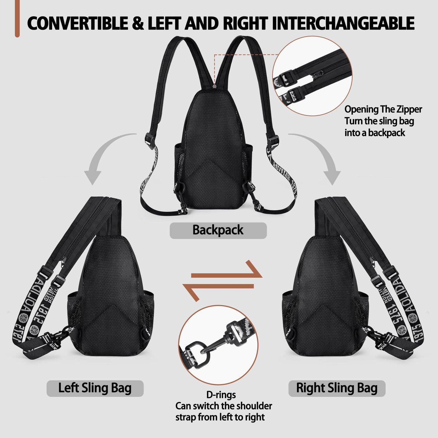 Geestock Convertible Sling Bag for Women Men, Lightweight Crossbody Backpack Daypack Chest Bag Fit 7.9" Tablet for Travel, Sport, Hiking & Commute, Black, 7.09in×3.15in×12.60in