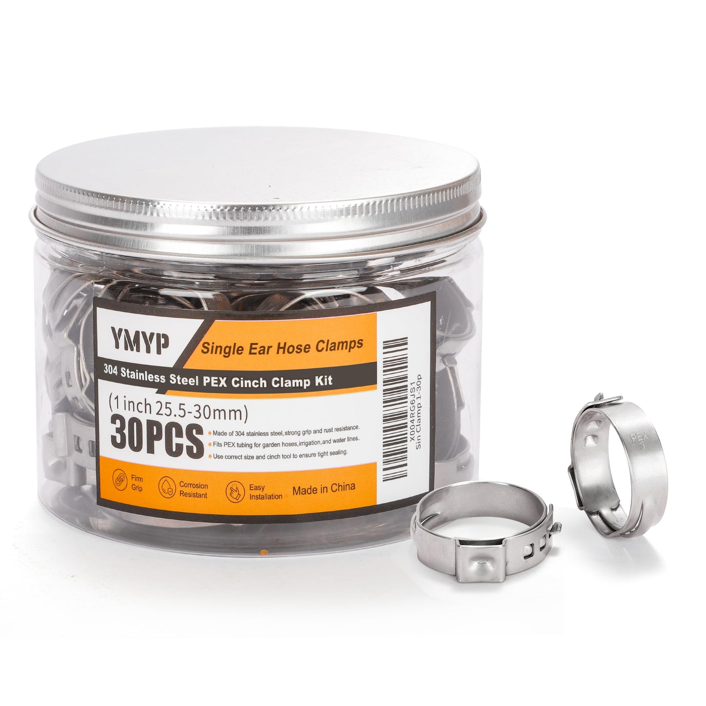 YMYP 30PCS 1 Inch PEX Cinch Clamps, 304 Stainless Steel Single Ear Hose Clamps for PEX Tubing & Pipe Fittings, Leak-Proof and Rust-Resistant