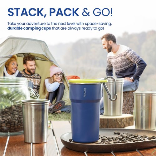 bzyoo 5-Piece Nesting Camping Cups Set - 9oz Stackable Stainless Steel Mugs with Patterned Designs & Integrated Carry Hook, Space-Saving Portable Outdoor Mess Kit for Family Hiking, Backpacking & RV