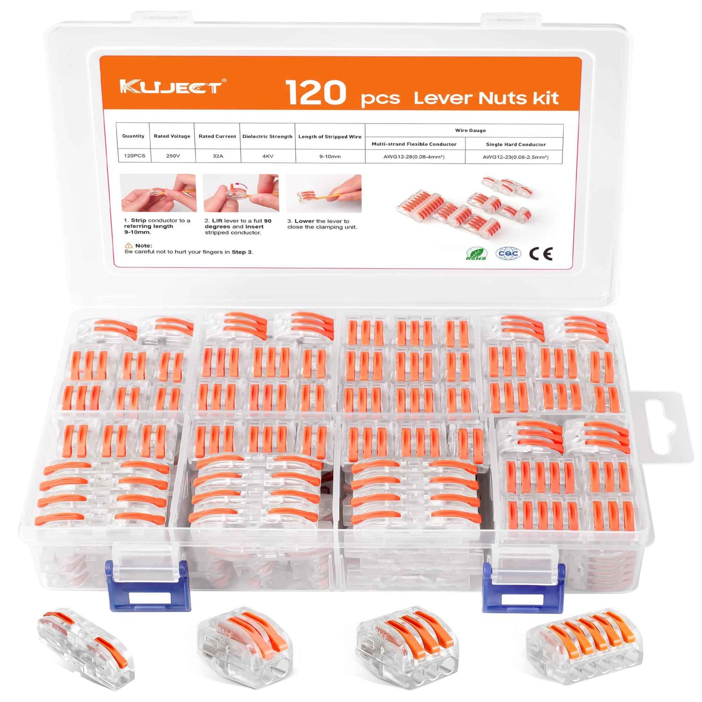 Kuject 120PCS Lever Wire Nuts Connectors Kit with 2/3/5 Conductor Combination, Electrical Lever Wire Connectors Push-in AWG 28-12, Wire Quick Connectors with 2 Circuit Inline Splices