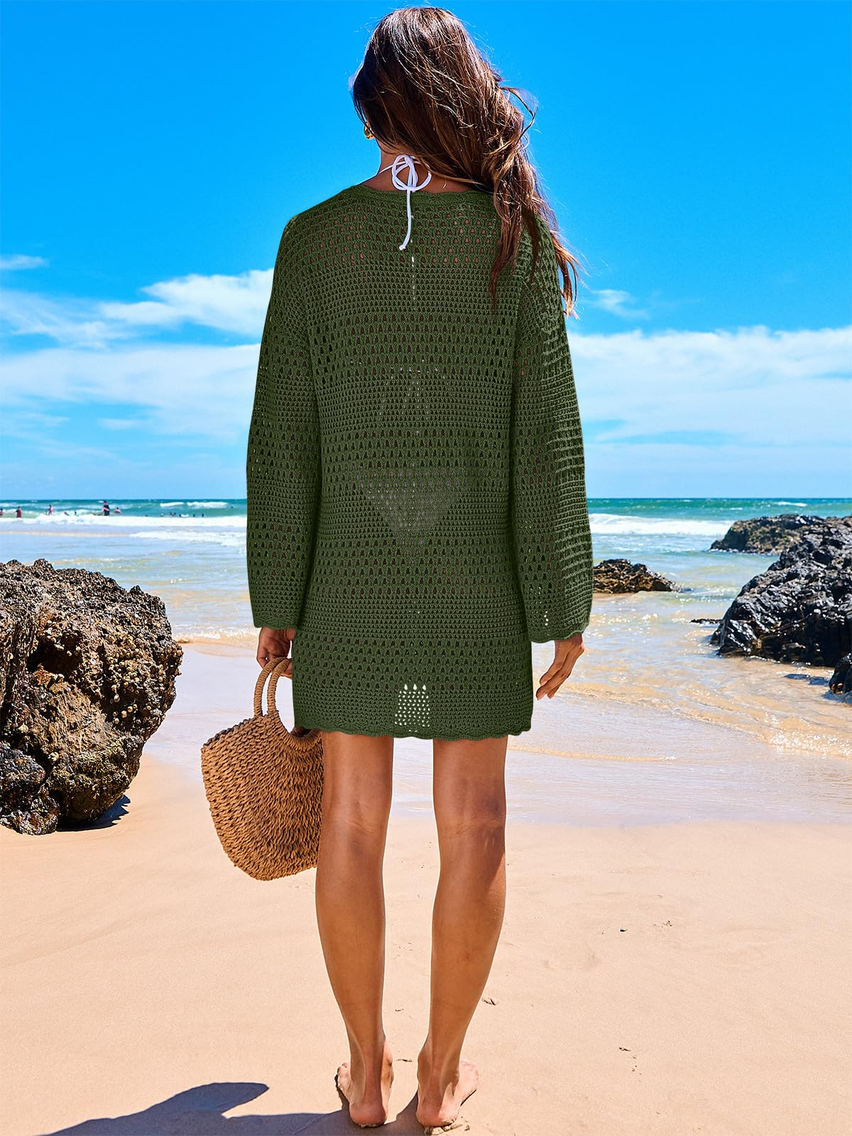 ANRABESS Women Swimsuit Crochet Swim Cover Up 2026 Summer Bathing Suit Swimwear Mesh Knit Beach Dress Vacation Outfits Burgundy Small