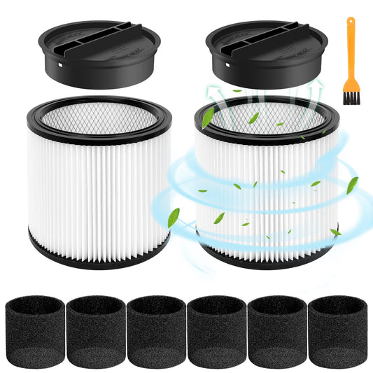 2 Pack 90304 Replacement Filter Compatible with Shop Vac 90304 90350 90333 90585 Wet Dry Vac Cartridge Filter with lids and Filter Foam Sleeve, Fits Most 5 Gallon and Above Shop Vac Vacuum Cleaners