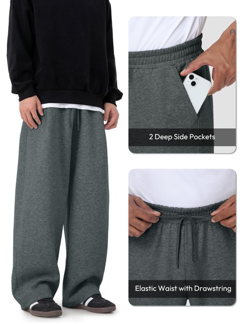 Tapata Men 32" Inseam Fleece Lined Baggy Sweatpants Wide Leg Thermal Casual Lounge Sweat Pants with Pockets Charcoal, L