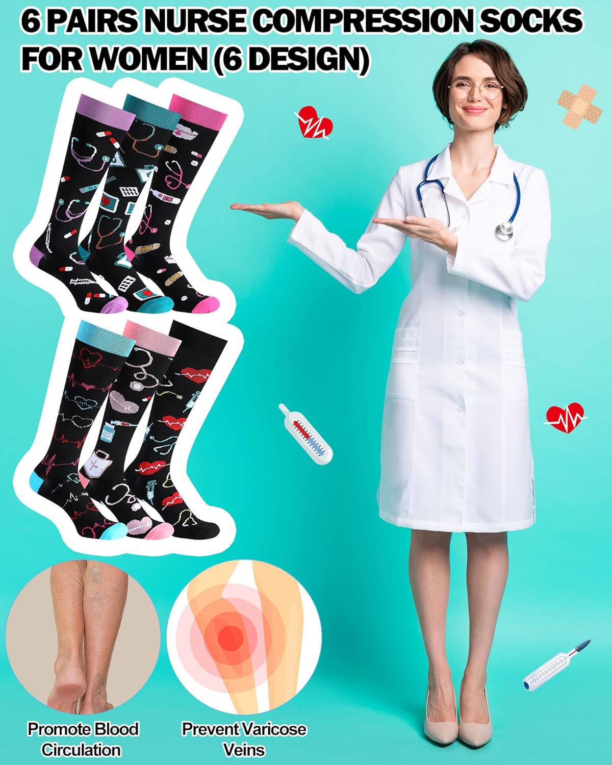 Skiennix Nurse Compression Socks - 15-20 mmHg Knee High Support for Circulation | 6 Pairs Ideal for Medical Staff