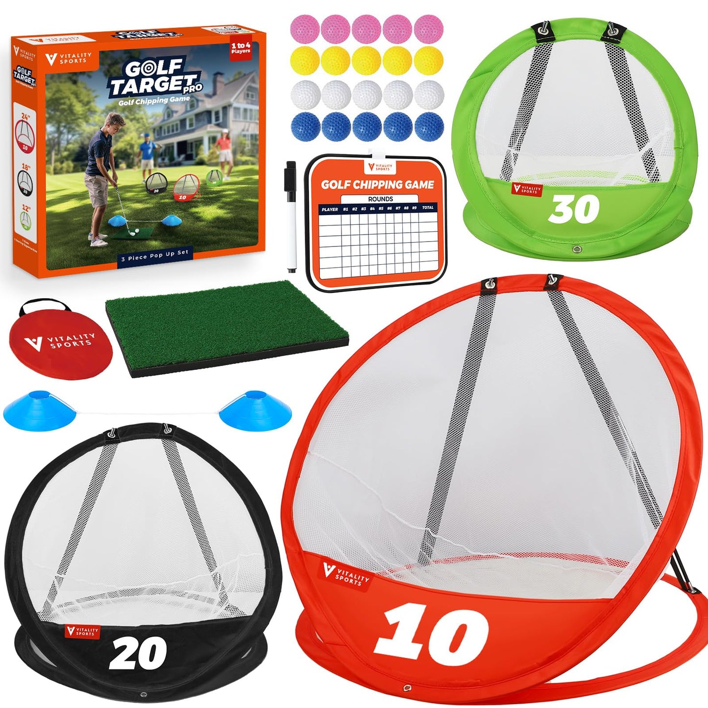 Vitality Sports Golf Chipping Net, 3PCS Pop-Up Golf Practice Net for Backyard, Indoor Outdoor Chipping Game with 3 Targets, 1 Hitting Mat, 20 Balls, Tee Box, Golf Gift for Men