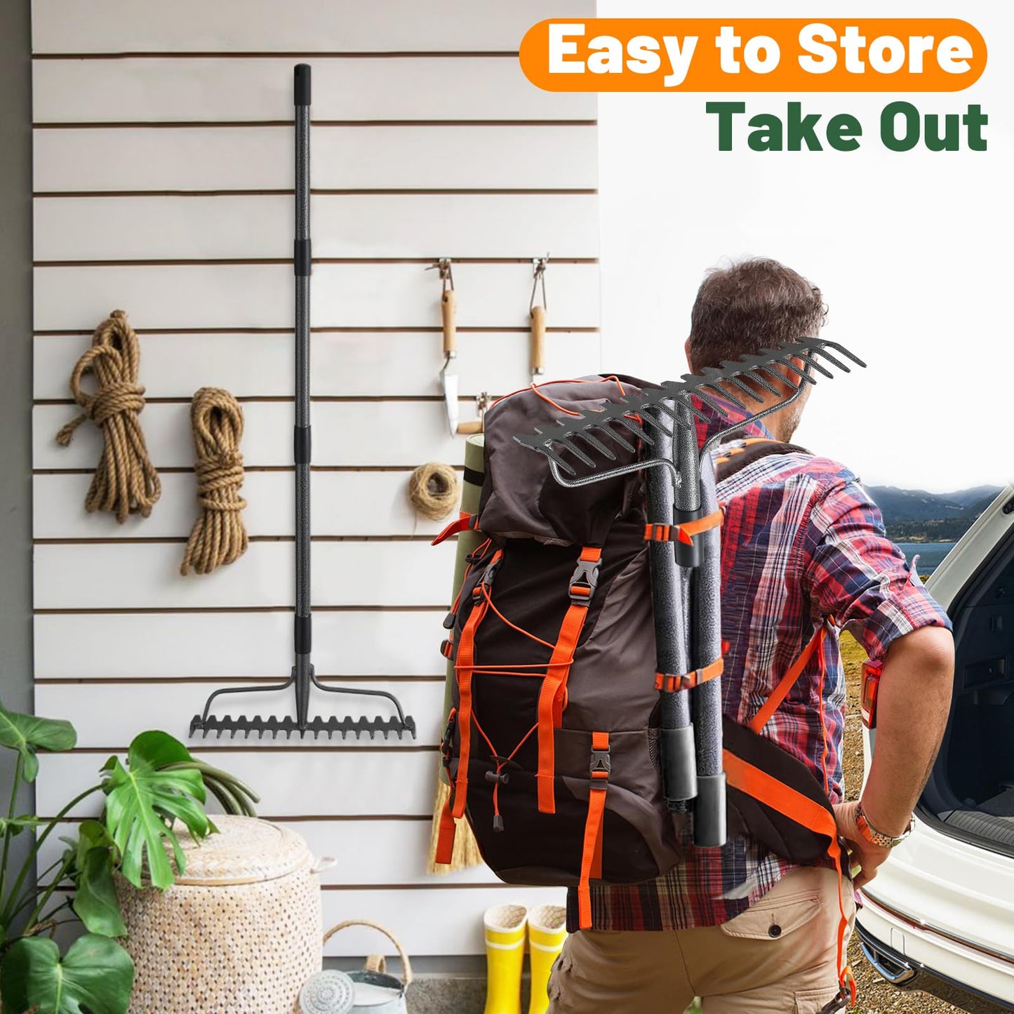 Rake, 17 Tines with 49 Inch Handle, 17 Inch Wide Heavy Duty Garden Thatch Leaf Rake for Raking Leaf Loosening Soil Gathering Mulch Leveling Rocks, Rustproof Metal Bow Rakes for Leaves Grass