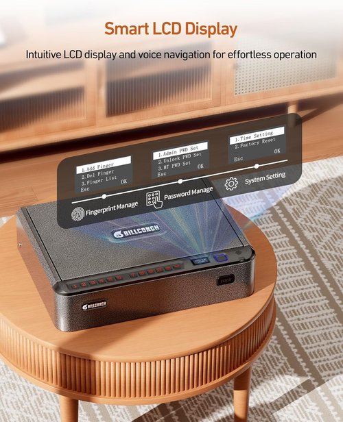 BILLCONCH Smart Gun Safe - Biometric Handgun Safe with 4 Access Methods | LCD & Voice Guide, Ideal for Home & Car