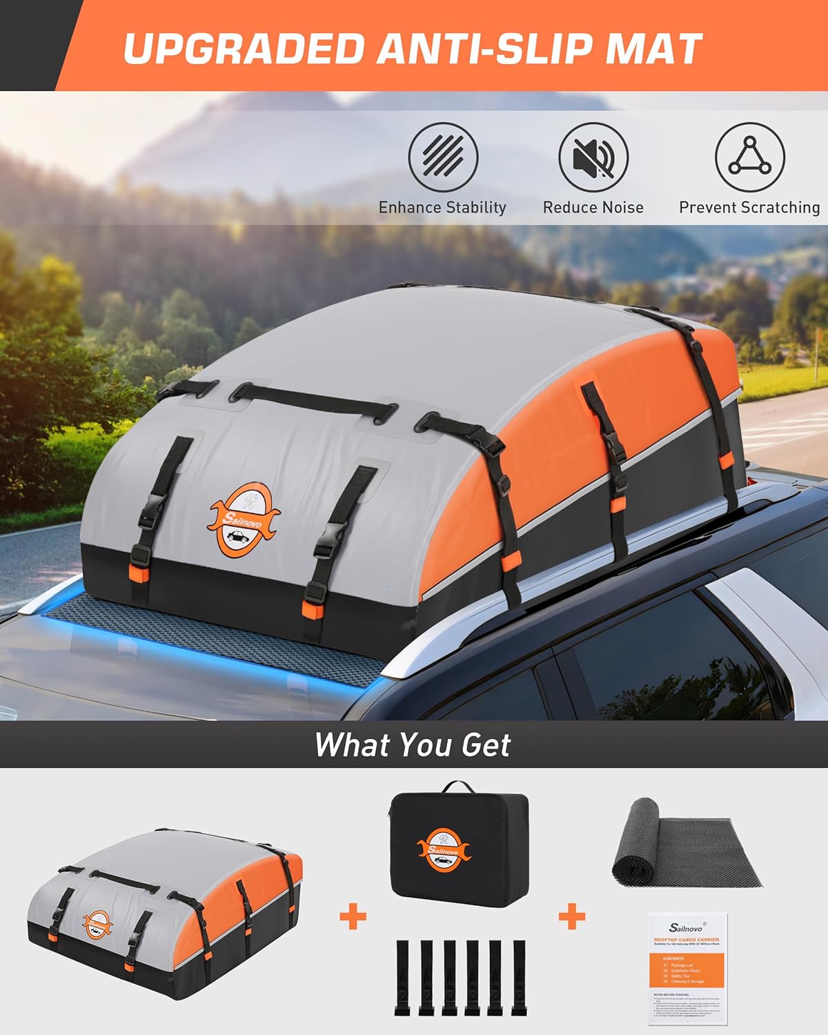 Sailnovo Rooftop Cargo Carrier Bag - 21 Cubic Feet, Waterproof Soft-Shell Design | Includes Anti-Slip Mat & 10 Straps